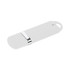 A white flash drive featuring a sleek design with a silver metallic band and a loop for easy attachment.