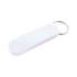 A white flash drive with a keyring attachment. It has a smooth, rounded design.