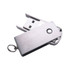 A silver metal flash drive with a sliding and swivelling mechanism, featuring a small keyring attachment.