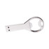 A drink bottle opener designed as a silver USB flash drive with a loop for attachment and a logo.
