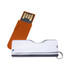 A shiny silver flash drive with an orange protective casing. It features a keyring attachment for convenience.