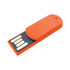 An orange paper clip flash drive with a removable cap and a branding logo.