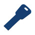 A blue USB flash drive shaped like a key, featuring a loop for attachment. It has a smooth metallic finish.
