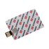 A white credit card-sized micro flash drive with a USB connector, featuring a repeating logo pattern in red and black.