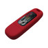 A red flash drive with a rounded design and a logo on the front.