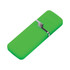 A bright green flash drive with a silver clip, featuring a sleek, rounded design and a logo.