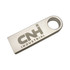 A metallic silver flash drive with a hole for attaching to keychains and a logo on the surface.