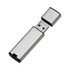 A silver flash drive with a removable cap, featuring a USB connector and a sleek design.