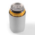 A drink can is displayed inside a gray stubby cooler. The cooler is designed to keep beverages cold.