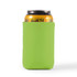 A drink bottle cooler in vibrant green, holding a can of orange beverage inside. The cooler has a logo.
