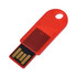 A red flash drive featuring a transparent casing, with a USB connector visible. It includes a hole for attaching to a keyring.