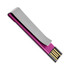 A sleek purple and silver flash drive with a contemporary design and a logo.
