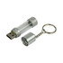 A silver USB flash drive with a transparent casing and a keychain attachment.