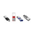 A variety of flash drives in silver, red, black, and blue, with distinctive branding on some.