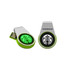 A green and silver LED flash drive with a circular logo, featuring a branding logo on one side.