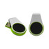 A silver and green LED flash drive with a round design, featuring a black area and a hidden USB connector.
