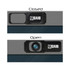 A webcam cover slide in black, shown in both closed and open positions, featuring a logo.