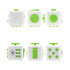 A fidget cube featuring a white body with bright green accents, showcasing various tactile buttons and switches.