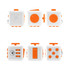 A fidget cube in white and orange, featuring various tactile buttons and switches for sensory play.