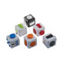 A collection of six fidget cubes in white, black, and various bright colours, featuring different tactile buttons and switches.