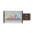 A silver USB data blocker with a black trim and a logo on the side.
