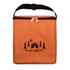 An orange cooler bag with a zipper, featuring a front pocket and a logo.