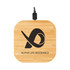 A bamboo wireless charger in a square shape, featuring a logo and a black finish.