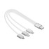 A white charging cable featuring a USB end and three connectors for various devices. It has a simple design.