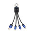 A charging cable with a black and blue design, featuring a keyring attachment and multiple connector options.