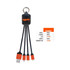 A black and orange charging cable with multiple connectors, featuring a keyring attachment and a logo.