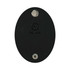 A black oval cable tidy with a metallic button and a logo. Suitable for managing cables and cords.