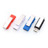 Four Meridian Flash Drives in red, white, blue, and silver, featuring a metallic clip and textured grip.
