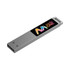 A sleek silver LED flash drive with a digital display, featuring a branding logo.
