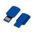 A blue USB flash drive with a push-pull design and a hole for attachment. It features a logo on one side.