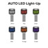 A collection of six Auto LED Flash Drives in white, red, green, blue, orange, and purple, each featuring a logo.