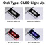 Four Oak Type-C LED flash drives in black, white, red, and blue trims, featuring illuminated logos on each.