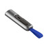 A silver flash drive with a blue pull tab and a black slider button, featuring a logo.