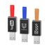 Three LED flash drives in black with different coloured loops: red, blue, and tan. Each has a logo on its surface.
