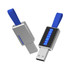A silver USB flash drive with a blue strap and a branding logo on one side.