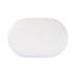 A white charging case for wireless stereo earbuds, featuring a smooth, oval shape and a minimalistic design.
