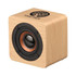 A wooden square speaker with a black speaker cone and a logo on the top, featuring warm tones in its design.