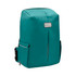 A teal backpack with multiple pockets and a branding logo, featuring a sleek, modern design.