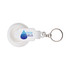A white torch keychain featuring a circular design, with a keyring and branding displayed on the body.