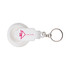 A white keychain torch with a round lens and a branding logo. Features a simple design for easy portability.