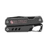 A black multi-tool with a carabiner clip, featuring various tools and a logo on the side.