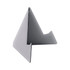 A grey, triangular phone stand designed to support devices, featuring a sleek, minimalist design and a logo.