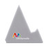 A grey triangular phone stand featuring a logo. Its design resembles a mountain peak.