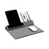 A grey mouse pad with a built-in phone holder, pen slots, and a wireless charging area for devices.