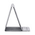 A triangular wireless charger in grey fabric, designed to hold a phone upright while charging.