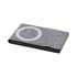 A grey wireless charger with a simple circular logo design, featuring a textured fabric finish.